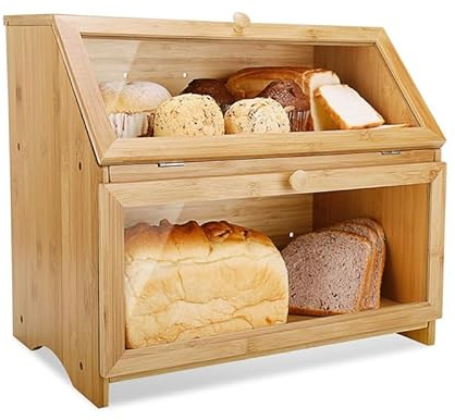 BRAVECOW Naturlig brödlåda i bambu, brödlåda i två lager, med lock brödkorg, brödförvaring, kök brödförvaring stor brödbehållare, 39 x 25 x 32 cm (bambu, 39 x 25 x 32 cm)