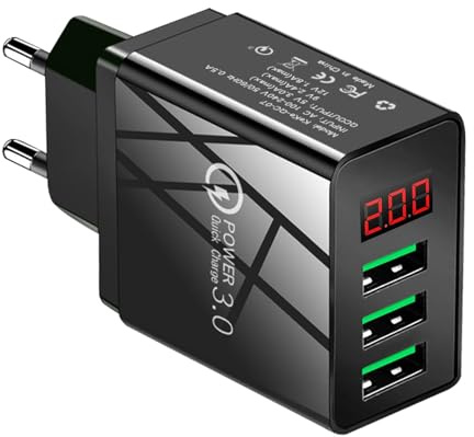 Chargeur USB 3 Ports, Chargeur Secteur Universel 5V/2.4A (3.0A Max), Adaptateur Mural avec Écran LCD Numérique, Charge Rapide QC3.0 pour i-Phone, i-Pad, Android, Sam-Sung, Huawei, Xiaomi et Plus