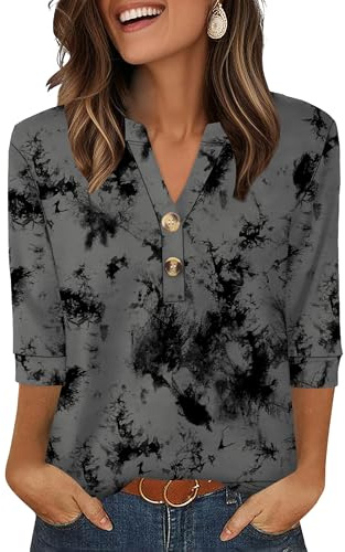 Aokosor Womens 3/4 Sleeve Tops Ladies Blouse V Neck Tunic Long Sleeve T Shirts Curved Hem Office Wear Grey Black Floral Size 10-12 for UK