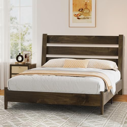 LUXOAK Cama de madera maciza 140x200 cm con cabecero de listones inclinado, diseño Mid-Century, listones de madera estables, no necesita somier, silencioso – Marrón oscuro