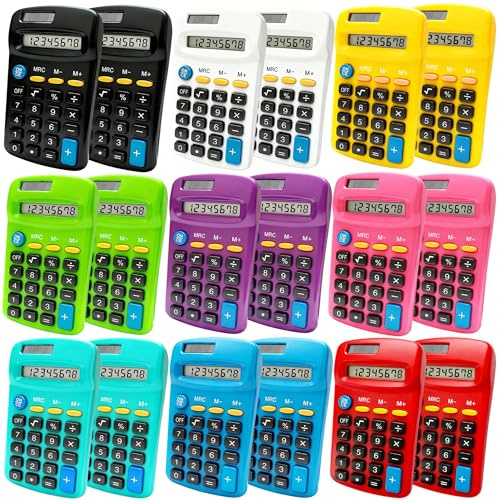 18 Pack Small Calculator Bulk: 8 Digit Solar Battery Dual Power, Multicolor