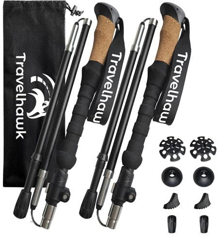 TravelHawk Bastoni da trekking per Nordic Walking – Bastoni da trekking pieghevole e regolabile in altezza, in alluminio con custodia e tamponi in gomma, bastoncini da trekking per escursioni e