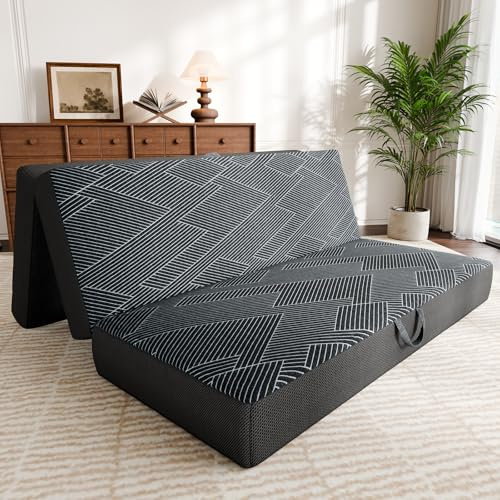 Tri Folding Mattress Queen Size - Foldable Mattress Trifold Memory Foam Mat with Washable Cover, Handle & Non-Slip Bottom Portable Foldable Floor Sofa Bed for Travel Camping Guest - 6 Inch, 78x58x6
