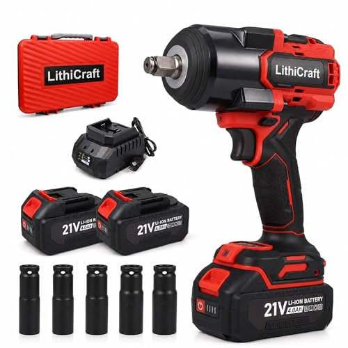 LithiCraft Llave de Impacto Inalámbrica 1/2 Pulgada, 1200 Nm Brushless, 2 Baterías 4,0Ah, Cargador Rápido, 5 Vasos 17/19/21/22/24 mm, para Cambio de Ruedas, Coche y Bricolaje