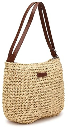 aieieii Straw Bags for Women UK, Off-White Woven Bag Daily Outfit for Holiday Travel, Fashion Summer Bags for Women, Straw Beach Bag with Adjustable Strap Zipper Closure
