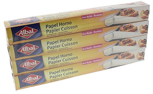 ALBAL Lot de 4 Papier cuisson (8m), Papier sulfurisé alimentaire anti-glisse et anti-adhérent, démoulage facile, scie de découpe intégrée