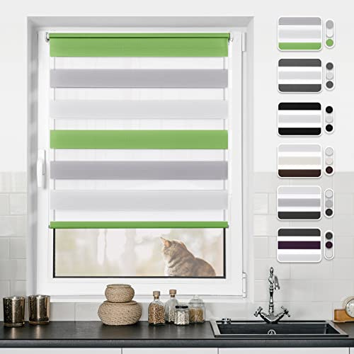 Doppelrollo Klemmfix ohne Bohren Rollos für Fenster ohne Bohren mit Bohren Grün-Grau-Weiß 45x120cm(BxH)-Stoffbreite 41cm Rollo Fensterrollo Klemmrollos Fensterrollo innen lichtdurchlässig