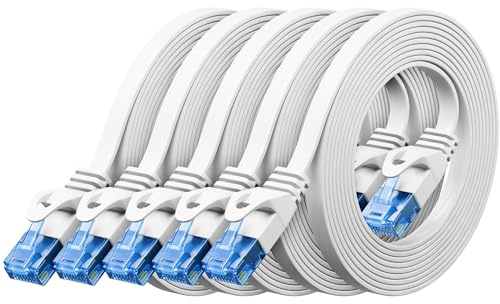 deleyCON 5x 0,5m CAT6 Platt Nätverkskabel 1000 Mbit Gigabit LAN - Cat 6 RJ45 Ethernet Patchkabel Tunt Installationskabel Platt - för Internet Switch Router Modem Patchpanel - Vit