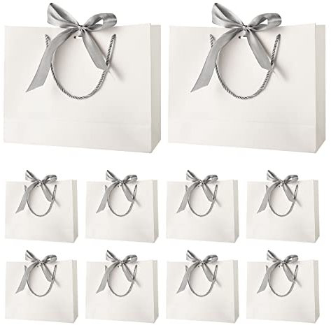 10 Stück Geschenktüte Groß, 32x25x11 cm Geschenktaschen Hochzeit Papiertüten mit Schleifenbänder Tragetaschen Geschenk Tüten für Ostern Geburtstag Kommunion Geschenkverpackung (Weiß)