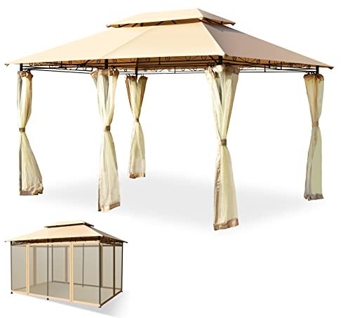 RELAX4LIFE Tonnelle de Jardin Extérieur avec Moustiquaire et Toiles Amovibles Imperméables, Pavillon de Jardin en Fer et Polyester avec 4 Parois, Revêtement PU, Piquets de Terre (Brun)