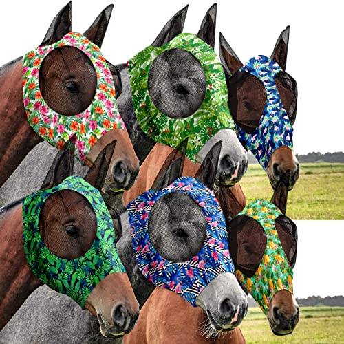 Chunful 6 Pcs Horse Fly Masks with Ears Smooth and Comfortable Mesh Fly Mask Elasticity Breathability UV Protection Horse Face Covering for Riding Supplies(Flamingo,Medium)