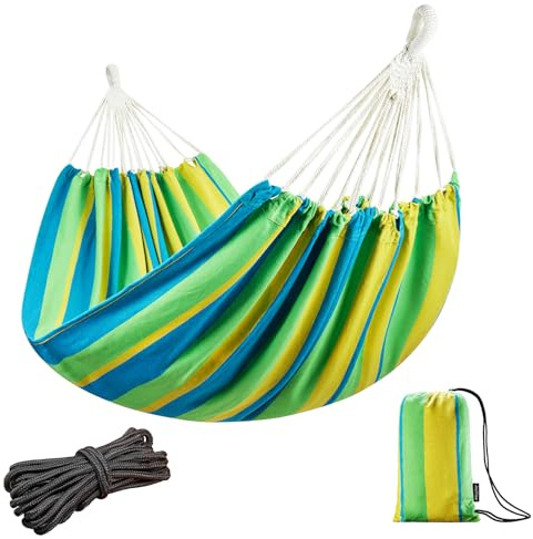 JoyView Brasiliansk dubbel hängmatta med hängande rep extra stor 220 x 150 cm bärbar bomullshängmatta för uteplats bakgård veranda 204 kg viktkapacitet perfekt för utomhus/inomhus – ljusgrön/gul rand