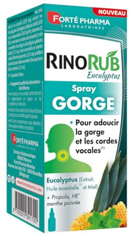 Forté Pharma - RinoRub Spray Gorge| Complément alimentaire Gorge - Maux de gorge, Gorge irritée, Cordes vocales | Huile essentielle d'Eucalyptus, Sureau, Vitamine D, Vitamine B6 | Spray 15ml