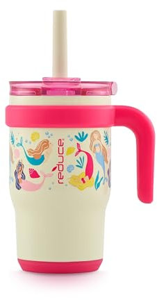 REDUCE Coldee Kids Trinkbecher mit Deckel und Strohhalm, isolierter Reisebecher, auslaufsicher, schweißfester Edelstahl, BPA-frei, inklusive Griff, wiederverwendbarem Silikon-Trinkhalm, rosa