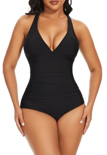 SHAPERIN Baddräkt för kvinnor, V-ringad magkontroll, formande baddräkt, sexig, monokini, rygglös, badmode, badkläder i ett stycke, bodysuit, svart, M