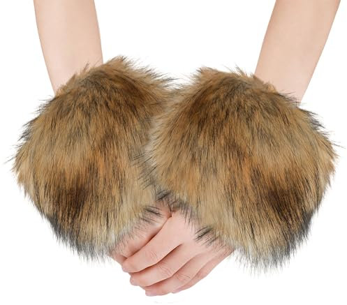XIHIRCD Armstulpen, Weiche Flauschige Manschettenwärmer Pelzmanschetten für Ärmel Winter Pelzige Kurze Armstulpen Stretch Kunstfell Pulswärmer für Frauen Mädchen Kostüm (Braun)