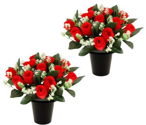 Caliko Set of 2 Grave Flower Pots with Improved Design | Artificial Flowers for Graves in Pots | 12-Head Red Artificial Flowers | Perfect for Cemetery Decor, Christmas Tributes & Memorial Elegance.