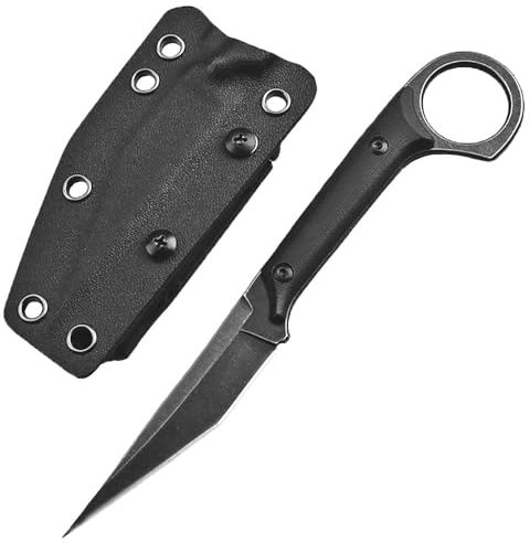 Joa Couteau de Poche Léger Droit - De Ceinture, D'extérieur, De Survie, Camping, Chasse - Noir - En Acier - De Cou