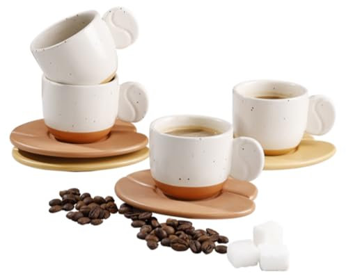 BosilunLife Mini-Espressotassen-Set - 4 Stück Keramik-Tassen Mit Untertassen, 2,8 oz, Italienisches Design, Mit Henkel, Mikrowellengeeignetes Porzellan