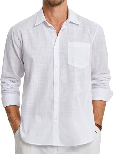 HISDERN Men's White Linen Shirts Long Sleeve Lightweight Button Up Regular Fit Casual Summer Beach Shirt with Pocket L