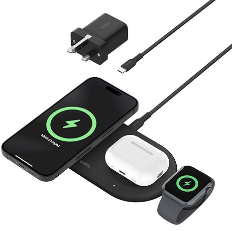 Belkin BoostCharge Pro 3-in-1 Wireless Charging Pad with Magnetic Qi2 15W, Fast Charging iPhone Wireless Charger Compatible with iPhone 16 Series, AirPods, Apple Watch & More - Black