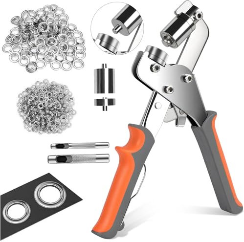 Alicates para Ojales Profesionales -Remachadora de Ojales con Cabeza Intercambiable - 400 Ojales (200 Ø6mm y 200 Ø10mm), Prensa Magnética de Acero Endurecido para Tela y Lonas