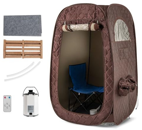HOMASIS Sauna da Casa, Sauna Portatile con Generatore di Vapore da 3 Litri, Sauna a Vapore con Telecomando, 9 Livelli di Temperatura e 9 Timer, Sauna con Sedia Pieghevole e Massaggia Piedi (Marrone)