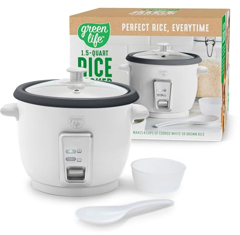 GreenLife Rice Cooker with Removable PFAS-Free Ceramic Nonstick Pot, 3-Cups Uncooked/6-Cups Cooked, Grains & Oatmeal Multicooker, Compact One-Switch Design, Auto Keep Warm, Easy Clean, White