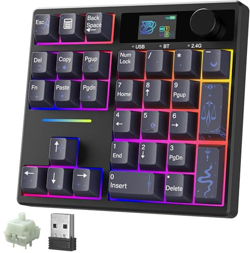BOYI TD31Pro Mechanical Number Pad,Bluetooth5.0/2.4G/Type-C Wireless Numeric Keypad,RGB HotSwap Numpad with Screen&Knob,PBT Keycap Rechargeable Gasket Number Keypad for PC Laptop (Black-Star Moon)