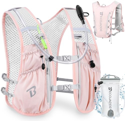 BECOJADDE Running Vest Hydration Backpack Lightweight 5L Water Pack with One 1.5L Water Bag for Men Women, Running Backpack Hydration for Marathon, Trail, Cycling, Hiking, Jogging, Pink