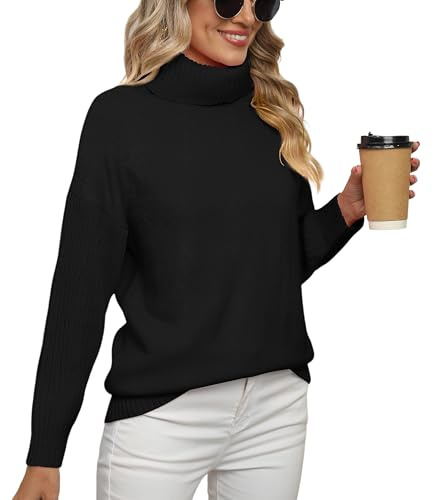 Anelune Womens Turtleneck Jumpers, Winter Long Sleeve Oversized Knitted Sweater, Casual Loose Batwing Sleeve Pullover Black XL