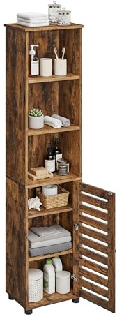 Armario de baño Relaxdays con Puerta, HBT: 167 x 30 x 40 cm, 6 estantes, Armario para Inodoro, Alto, Estrecho, marrón