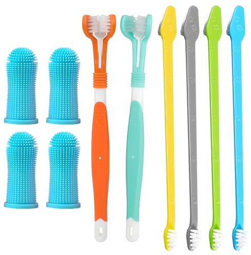 10-Piece Dental Care Kit for Dogs & Cats - Triple-Head Dog Toothbrush, Finger Toothbrush & Dual-Head Cat Toothbrush Set for Gentle Teeth Cleaning, Plaque Tartar Removal & Bad Breath Prevention
