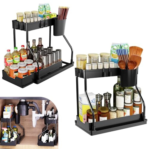 2Pcs Organizer Sottolavello Cucina con Ganci & Cassetto Scorrevole, Organizzatore Sotto Lavandino Forma L 2 Piani, Scaffale Sottolavabo Mensola Ripiano Spezie Salvaspazio per Lavandino Lavello Bagno