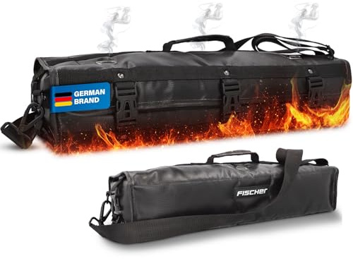 Fischer Bolsa de protección contra Incendios para baterías de Litio, Caja de Seguridad ignífuga hasta 1000 °C, Certificado DIN EN ISO 6940, con Paso de Cable, Descarga de Gases de combustión y Correa