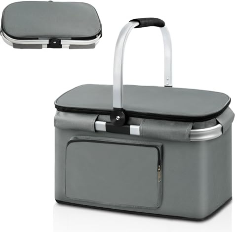 Ecofocet 25 l vikbar picknickkorg, hopfällbar shoppingkorg, termisk korg med lock, stor termisk väska med ram och aluminiumhandtag, för shopping, picknick och camping, 41 x 25 x 24 cm (grå)