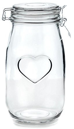 Nicola Spring Heart Shaped Glass Storage Jar with Airtight Clip Lid - 1500ml - 1 Pack - 4 Colour Seals - Kitchen Vintage Round Preserving Container for Pickling, Chutney, Jam, Coffee, Oats