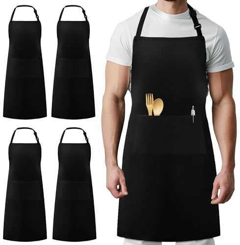 Syntus 4 Pack Chef Apron, Adjustable Bib Apron Waterdrop Resistant Professional Cooking Aprons for Men Women with 2 Pockets, Black