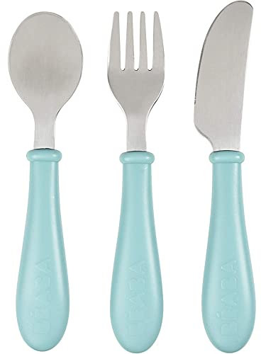BÉABA, Kinder-Lernbesteck 3er-Set - Edelstahl - 2. Altersstufe, ab 12 Monaten - Babyfreundlich, Blu