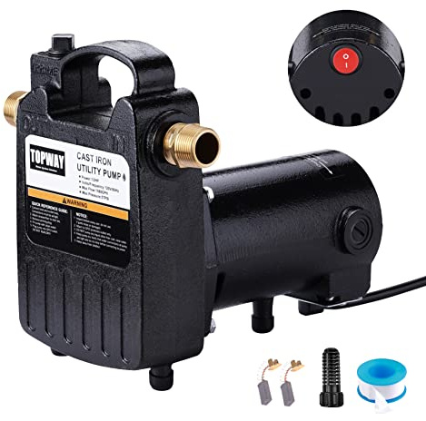 TOPWAY 1/2HP 1560GPH Portable Cast Iron High Pressure Utility Transfer Water Pump with Built-in On/Off Switch,Hose connectors & Suction Strainer.