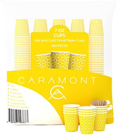Caramont,7 Oz 400 Gobelets en Carton avec Agitateurs en Bois,Écologique et Jetables,Résistant à la Chaleur,pour la Boisson Froide et Chaude en Carton de Qualité,Ideal pour Café,Thé,Anniversaire,etc.
