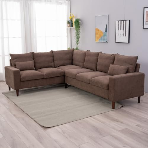 Panana Corner Sofa, Large Linen Fabric L shaped Sofa Sets with Wood Legs 100 x 80 x 32 inch, Brown