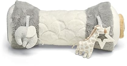 Mamas & Papas Tummy Time Roll, Interactive Soft Baby Pillow with Integrated Rattle, Welcome to The World, Grey
