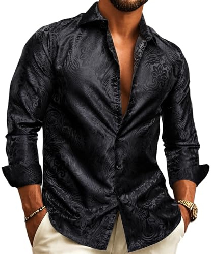 Barry.Wang Chemise à manches longues en soie pour homme Motif cachemire Rouge Noir Taille S à 3XL