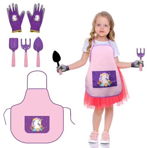 DKINY Kids Gardening Set, 5 PCS Childrens Gardening Tools Include Apron Shovel Rake Fork Gloves, Kids Plant Growing Kit Outdoor Garden Toys, Unicorn Gardening Kit Gift for Girls