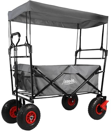 LEMODO Bollerwagen faltbar grau mit Dach, Handwagen mit Luftreifen, Leiterwagen mit 120 kg Tragkraft, Faltbollerwagen mit 2 Bremsen, Transportwagen für Hunde und Utensilien