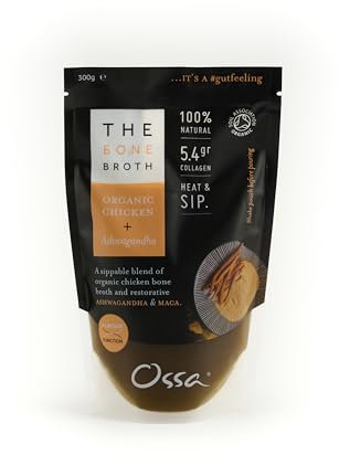 Ossa Organic Chicken Bone Broth with Ashwagandha – High-Protein, Gut-Healthy Superfood for Immunity & Stress Relief | Keto, Paleo, & Low-Carb Friendly | 300g – Frozen Ready-to-Heat Pouch