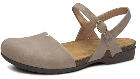 PARTY closed toe sandals women,barefoot arch support flat sandals for office work and travel with comfortable cork footbed