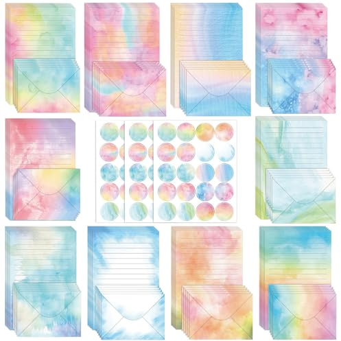 inodiref 160 Stück Briefpapier mit Umschlag Set 50 Briefpapier Mädchen 50 Briefumschläge Buntes Briefpapier Liniert Briefpapier Set mit 60 Sticker für Liebesbriefe Briefe Einladungen Grußkarten