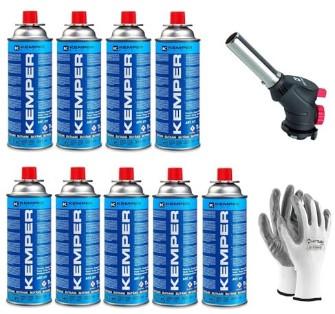 Kemper - Torcia Cannello a gas, Scottatore da Cucina, Caramellatore + Ricarica di Gas Butano da 227 g, multifunzione + Guanti Omaggio (9 BUTANO + CANNELLO)